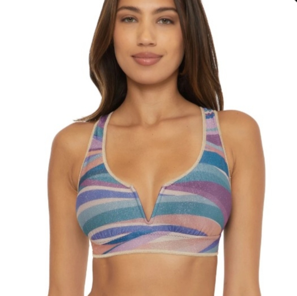 Blue and Purple Striped Bikini Set with V-Neckline, Shimmery Purple Bottoms